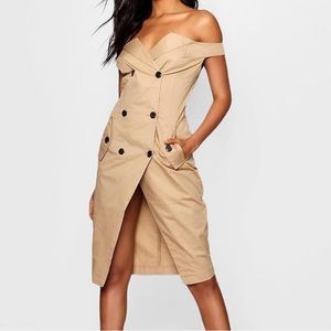 Boohoo off the shoulder thigh split tuxedo dress